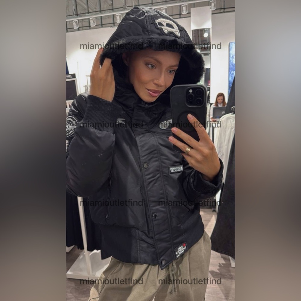Karl Lagerfeld Women’s Black Puffer Bomber Jacket Hooded – New